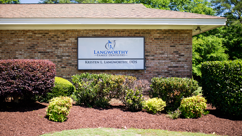 Langworthy Family Dentistry sign on the outside of the dental office building
